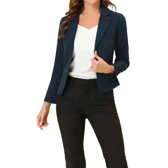 Allegra K Navy Blue Cropped Open Front Blazer, 1x - Picture 1 of 5